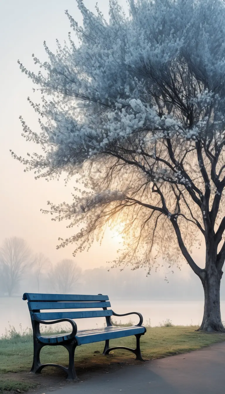 A park bench beneath acacia blossoms in a foggy sunset