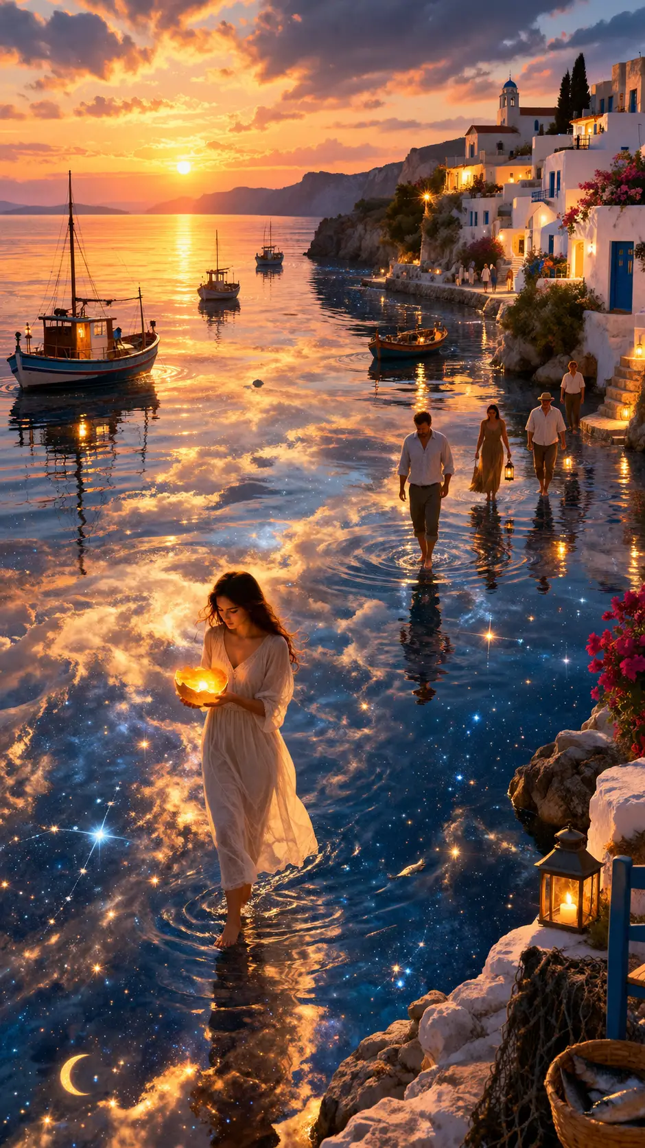 Villagers walk across a fallen evening sky reflected on the sea