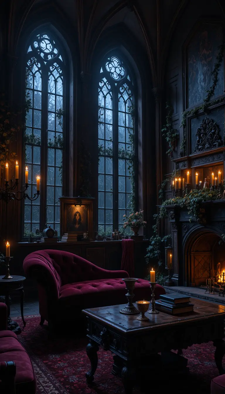A crimson velvet chaise lounge before rain-streaked gothic windows