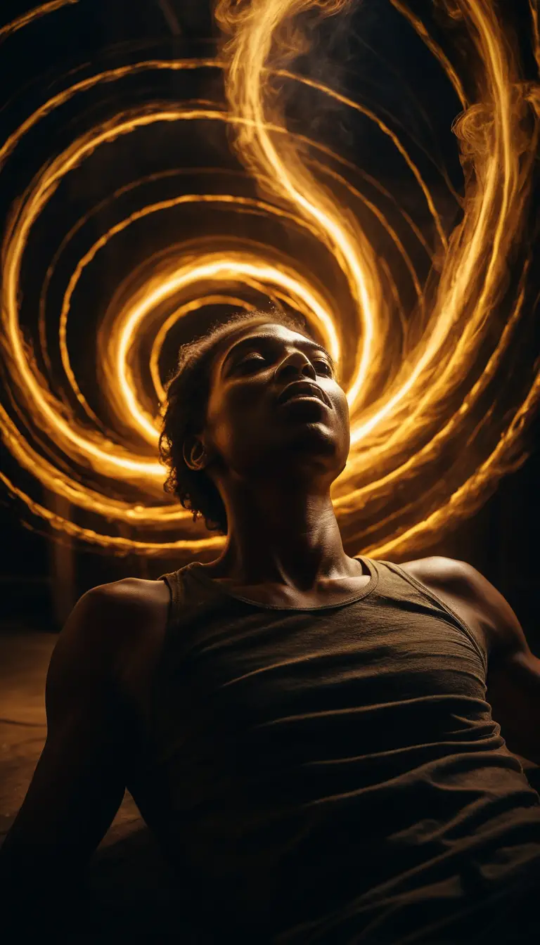 A person lies beneath spiraling golden light rising from their mouth