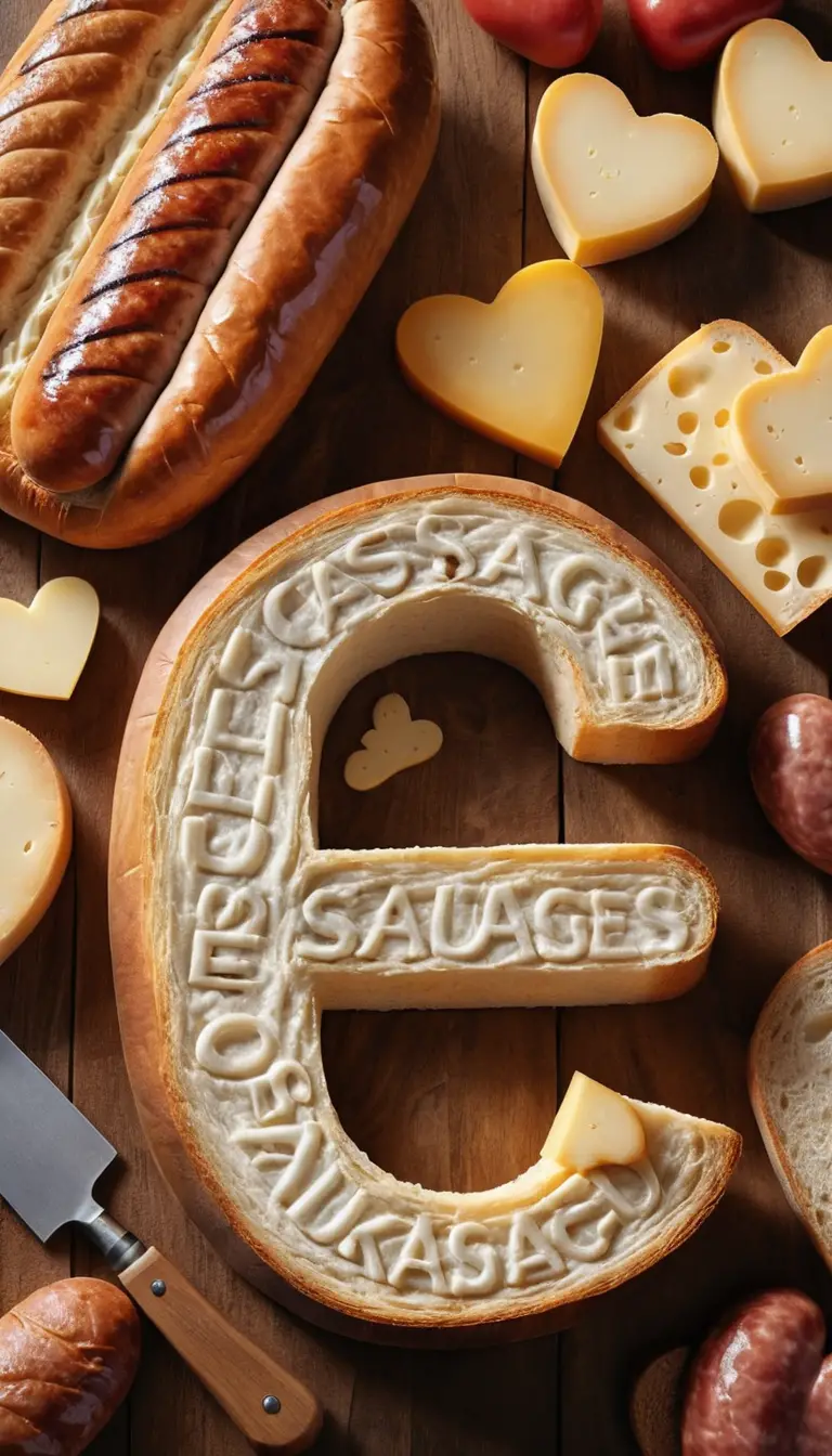 White bread topped with heart-shaped sausage and cheese on wood