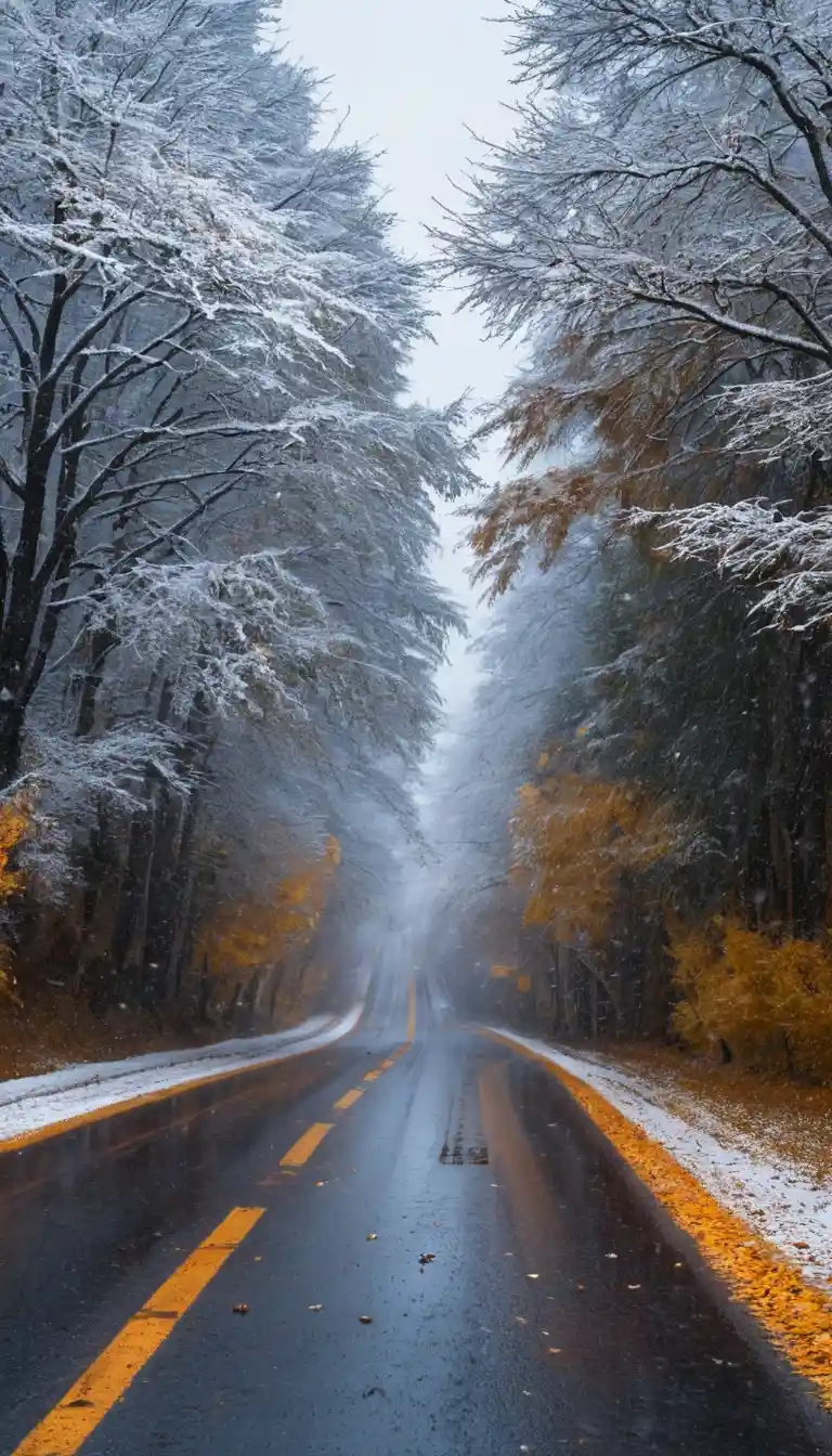 First snow rests on a road and autumn leaves beneath night clouds