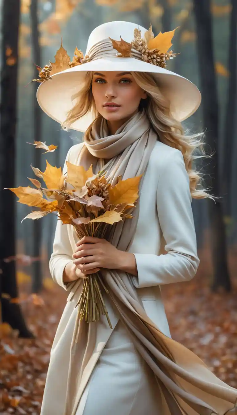 A blonde woman in a white hat holds a bouquet of autumn leaves