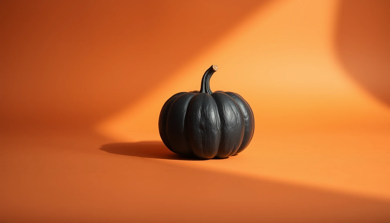 A matte black pumpkin rests against a warm orange background
