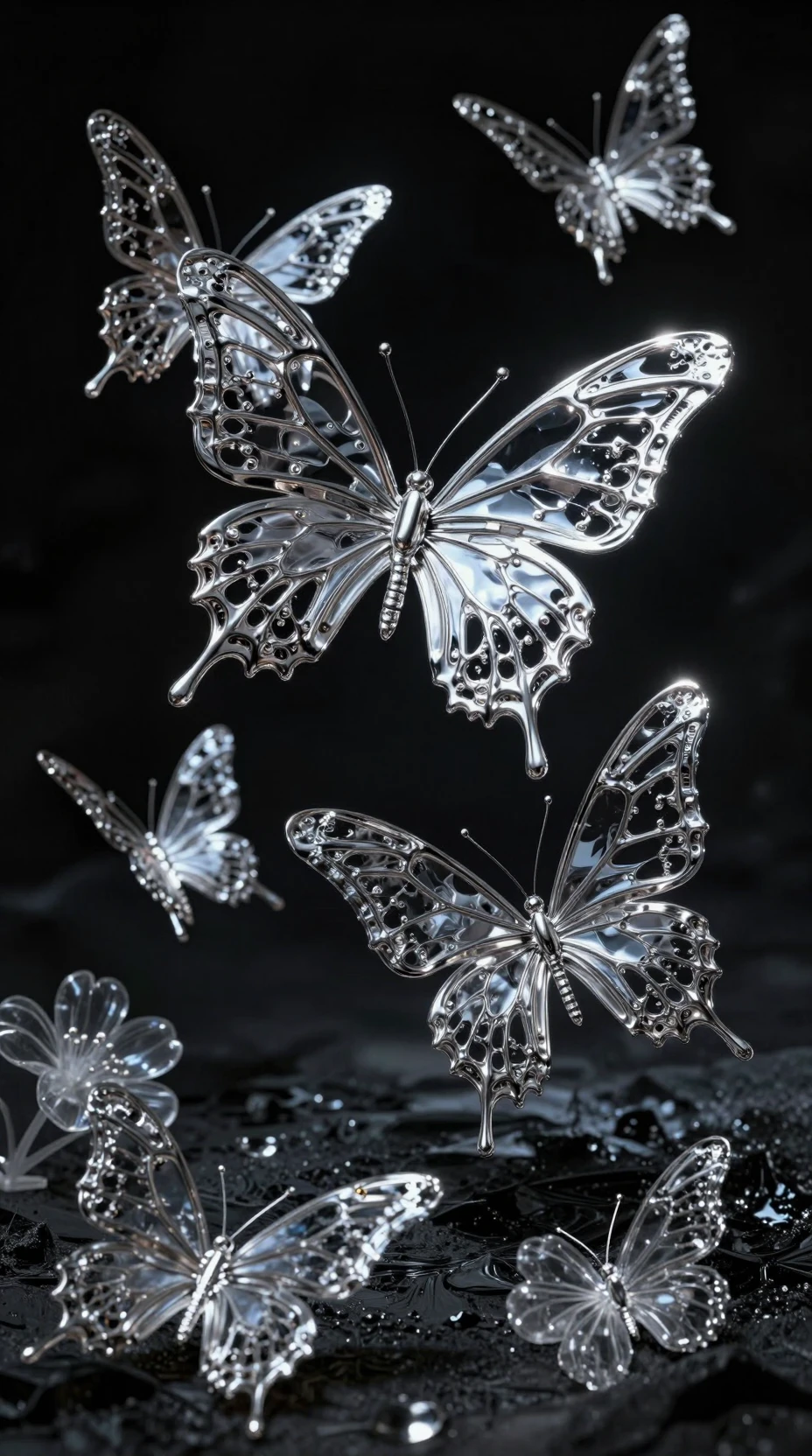 Chrome Butterflies Hover Above a Reflective Obsidian Surface in Dramatic Shadow
