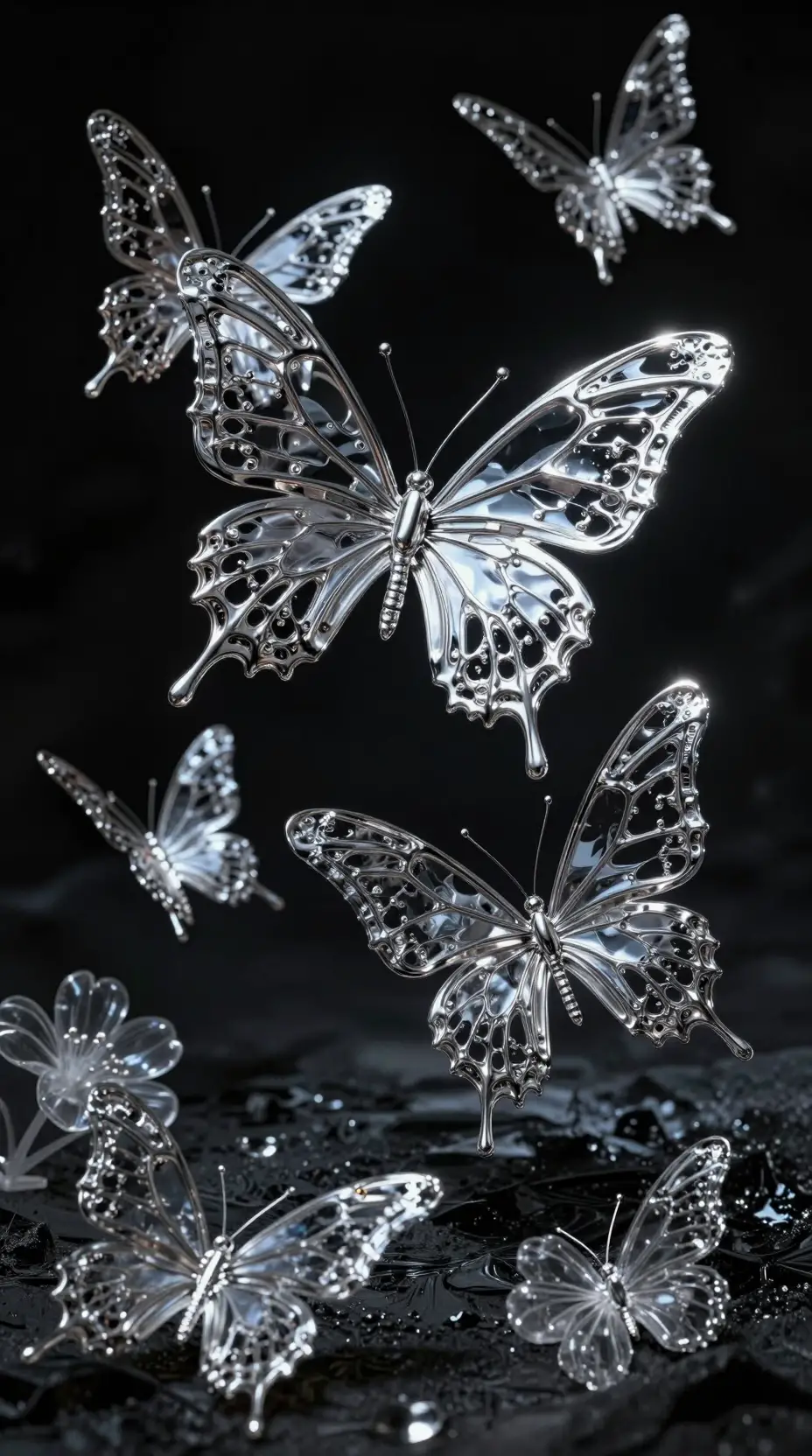 Chrome Butterflies Hover Above a Reflective Obsidian Surface in Dramatic Shadow