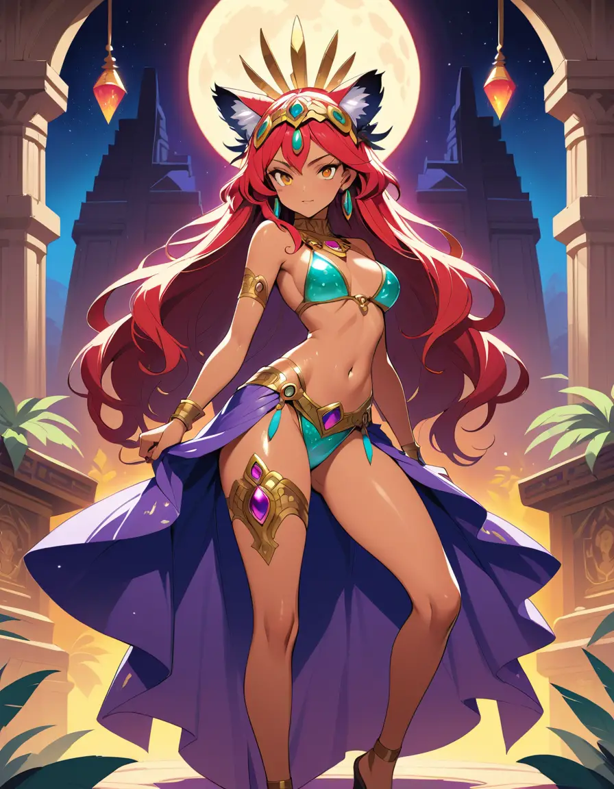 A red-haired fantasy princess adorned with celestial jewelry in an ancient temple
