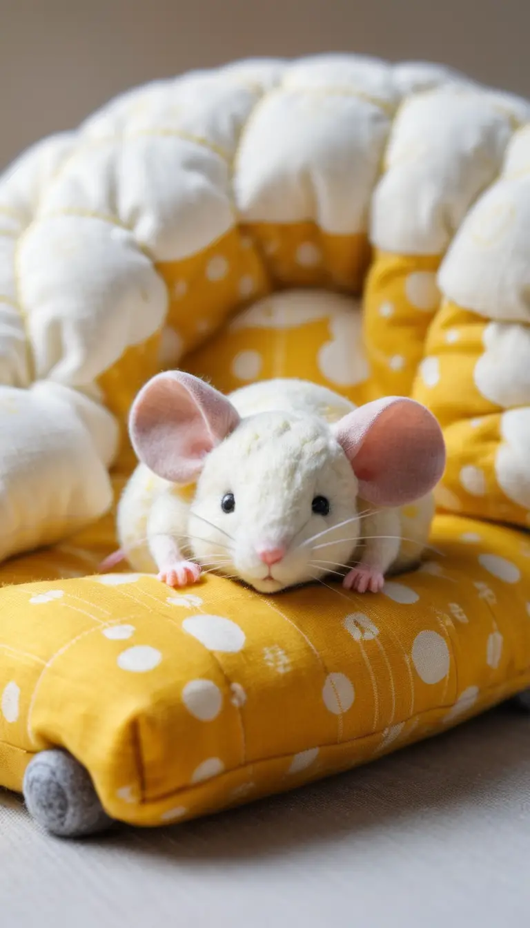 A tiny mouse sleeps beneath a blanket on a patchwork cushion