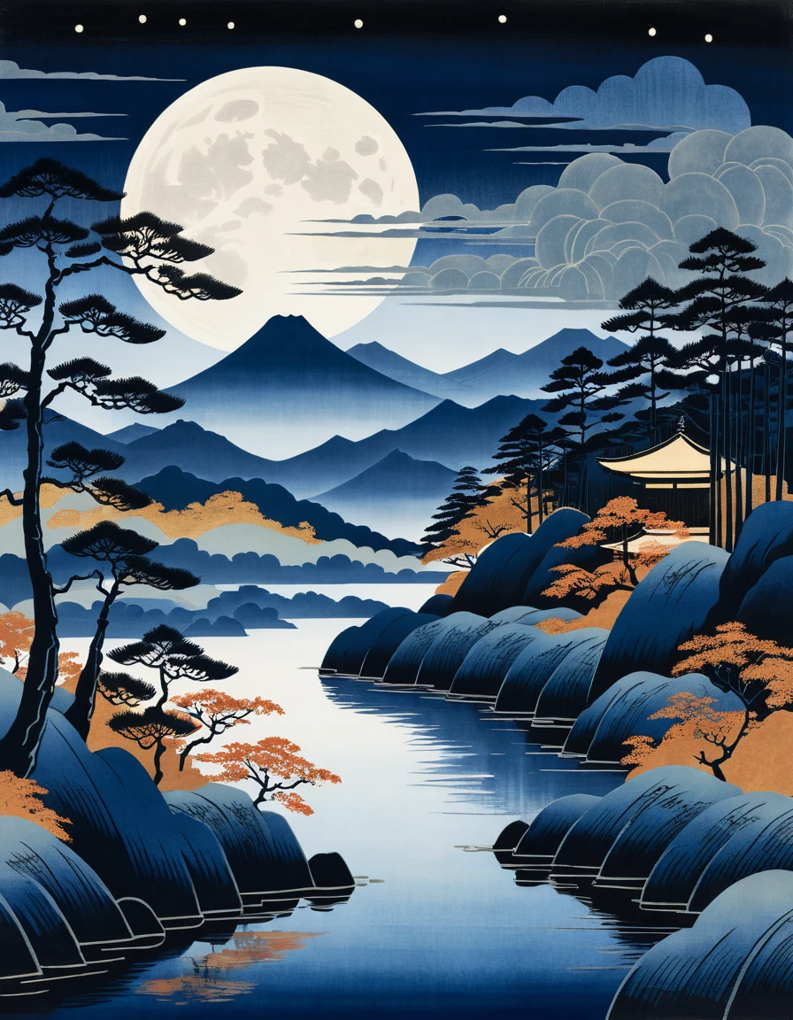 Paisaje montañoso iluminado por la luna al estilo ukiyo-e bajo nubes otoñales errantes