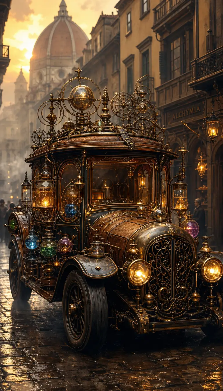 An ornate alchemist's automobile drifts through narrow renaissance streets beneath golden fog