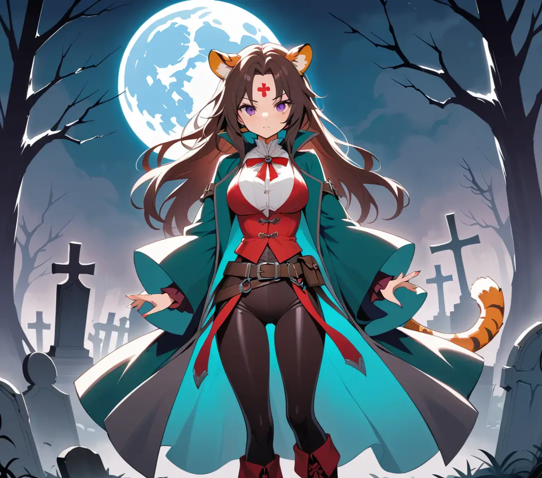 Anime tiger woman stands as a vampire hunter in a gothic graveyard