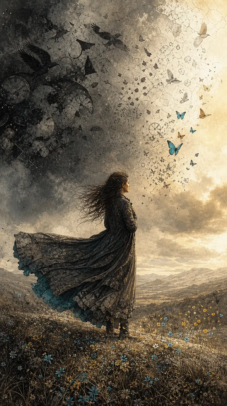 A lone woman stands in a landscape just after a passing storm