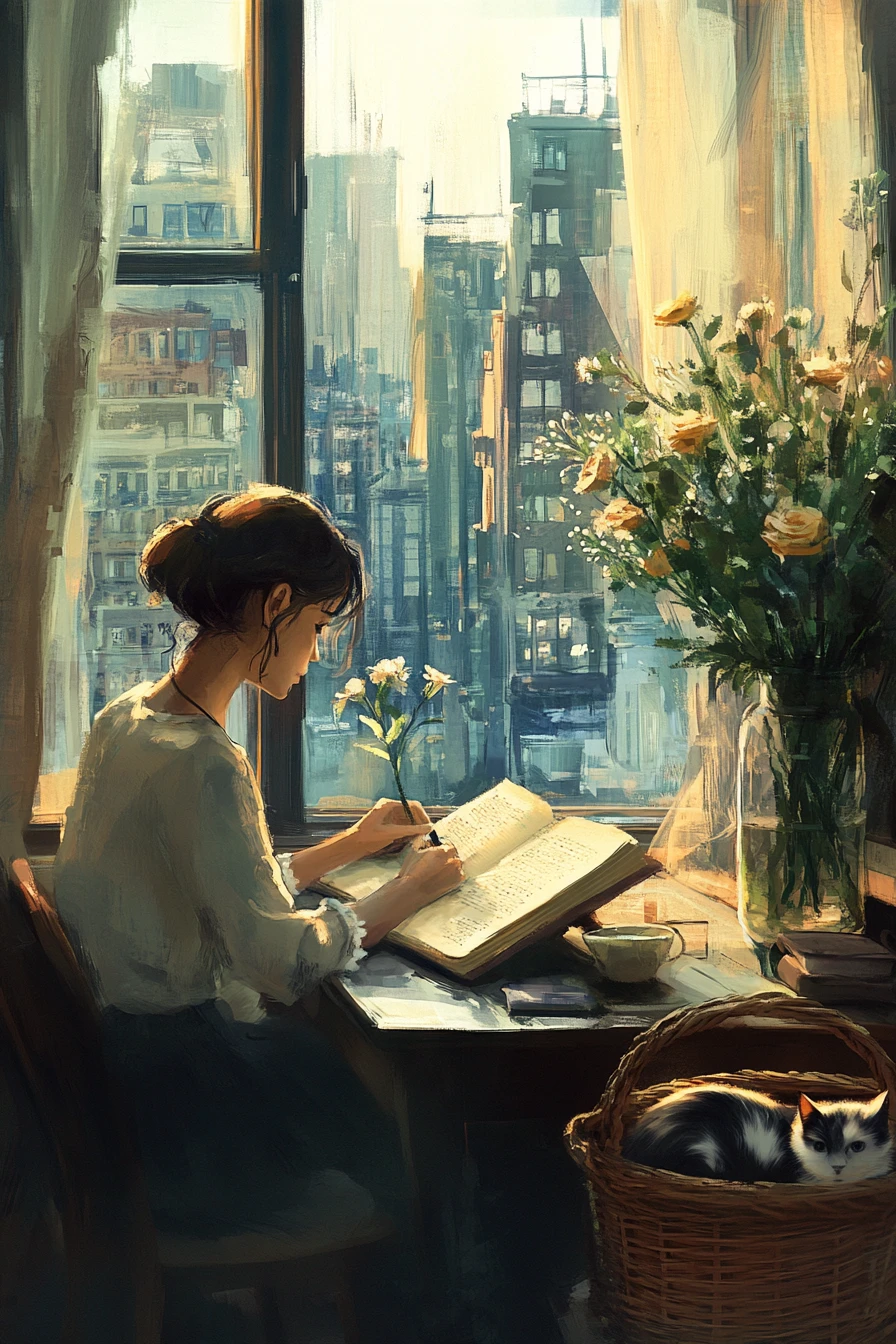 A woman sits at her desk with an open book nearby