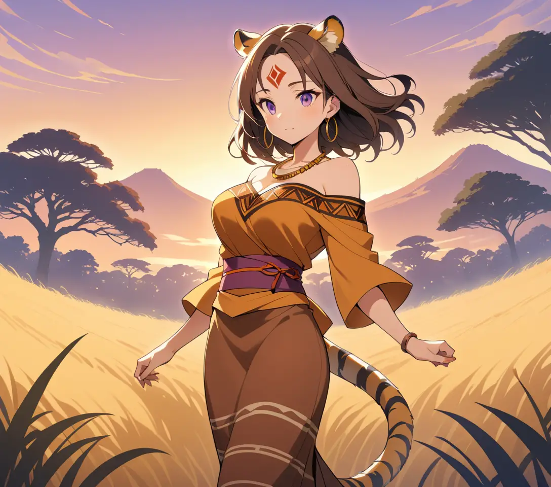 An anime tiger woman stands beneath a glowing savanna sunset
