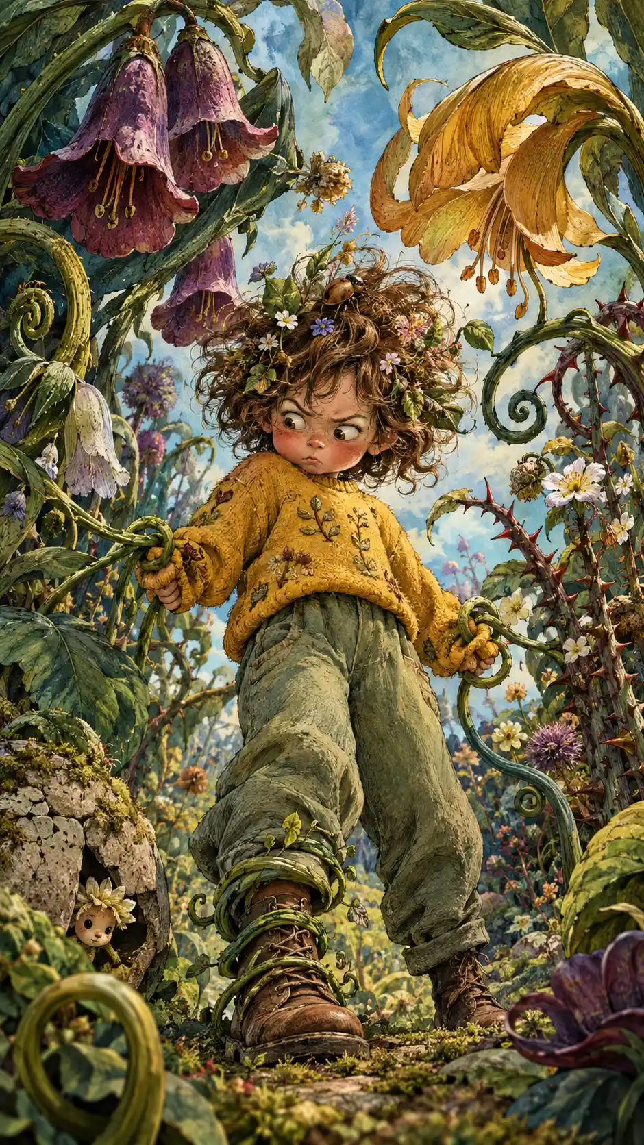 A Woodland Child Faces Mischievous Vines in an Overgrown Garden