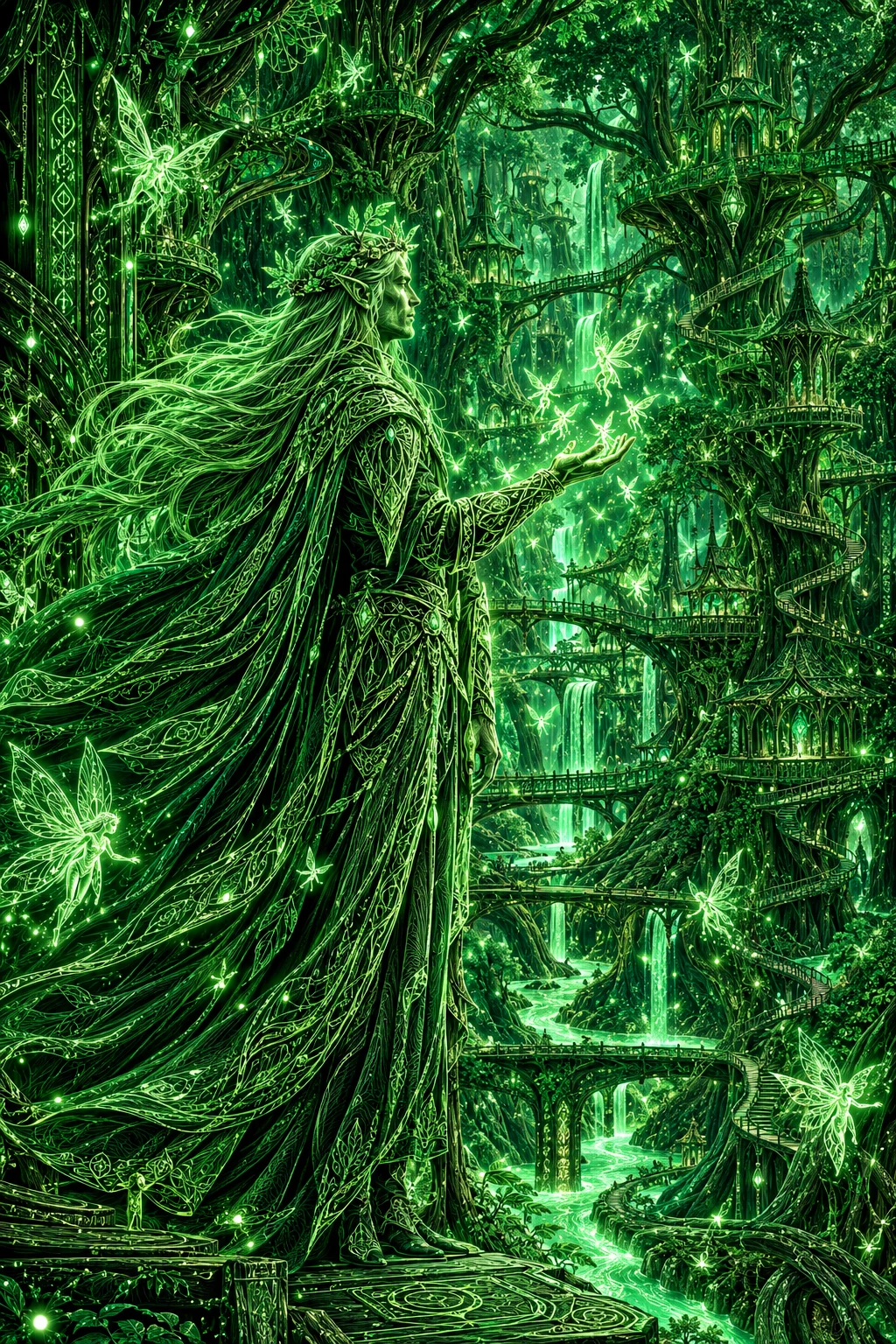 An elven king offers his hand to glowing fairies in a forest realm