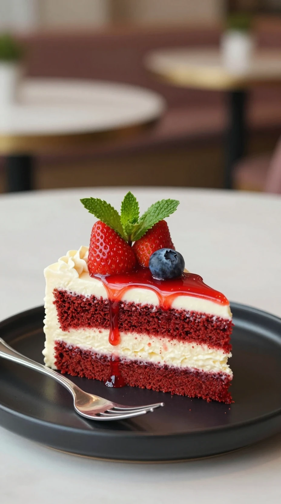 A red velvet mousse cake slice topped with strawberries and blueberries