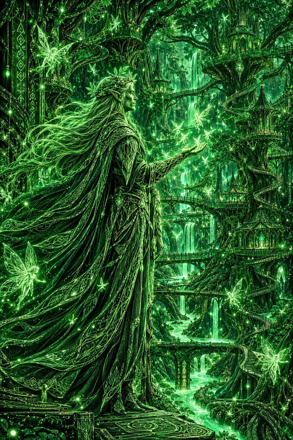 An elven king offers his hand to glowing fairies in a forest realm