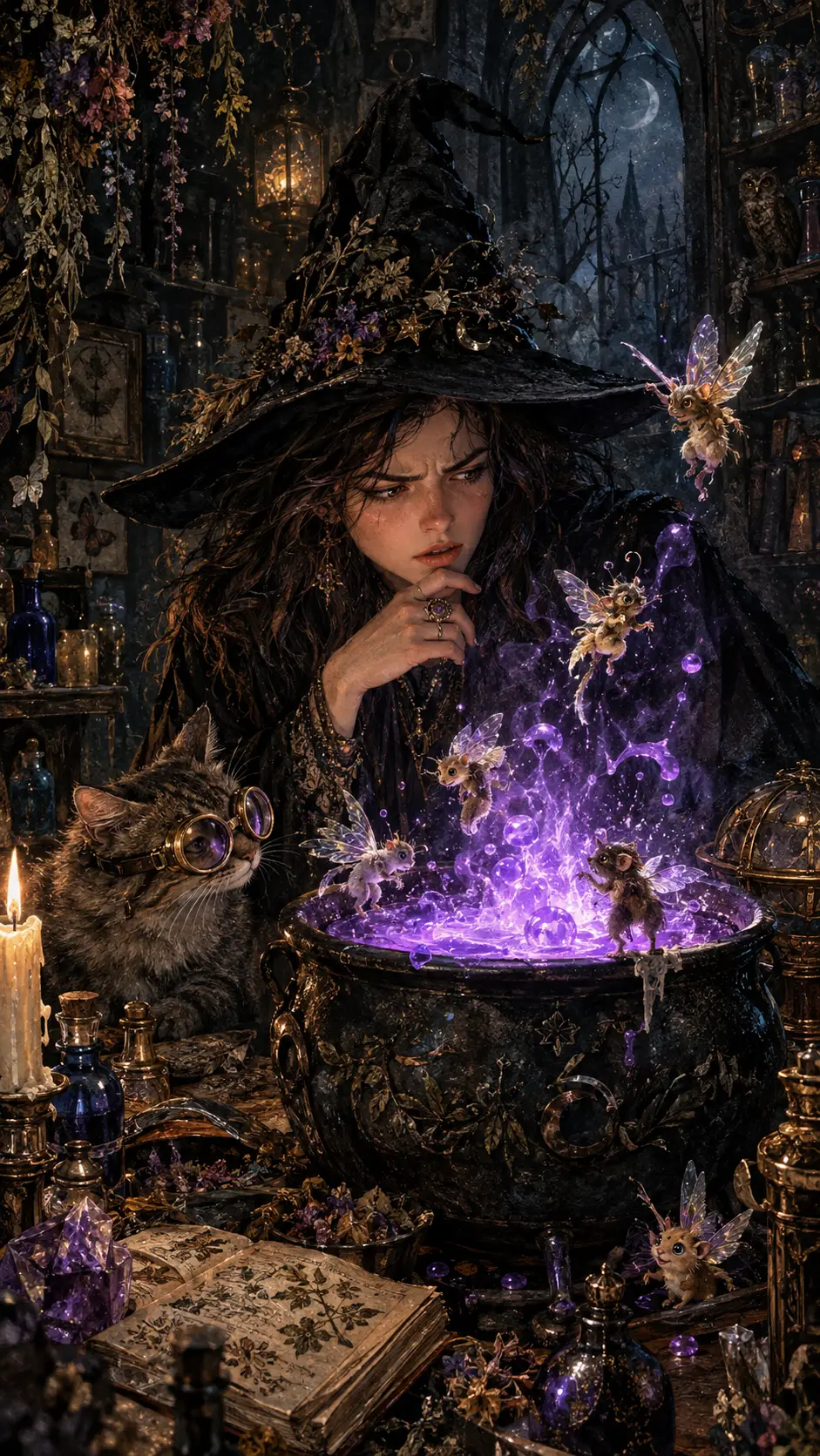 A young witch studies a bubbling violet potion in her cluttered laboratory