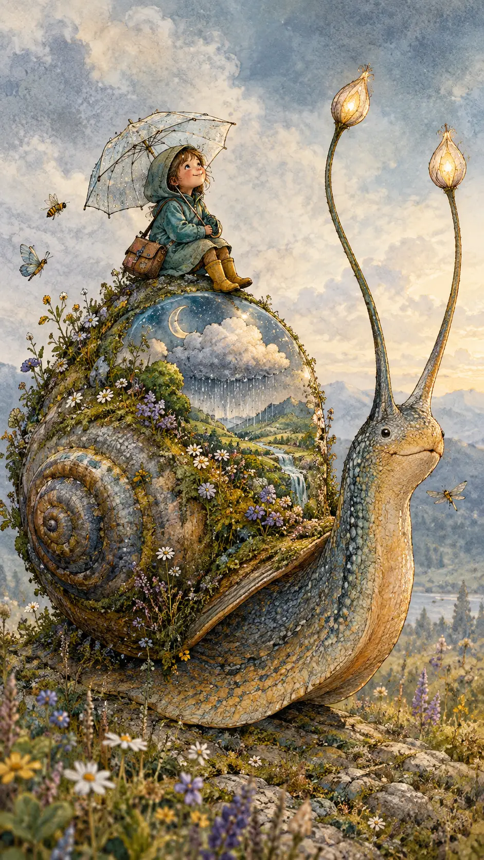 A giant snail carries a tiny dreamlike landscape within its shell