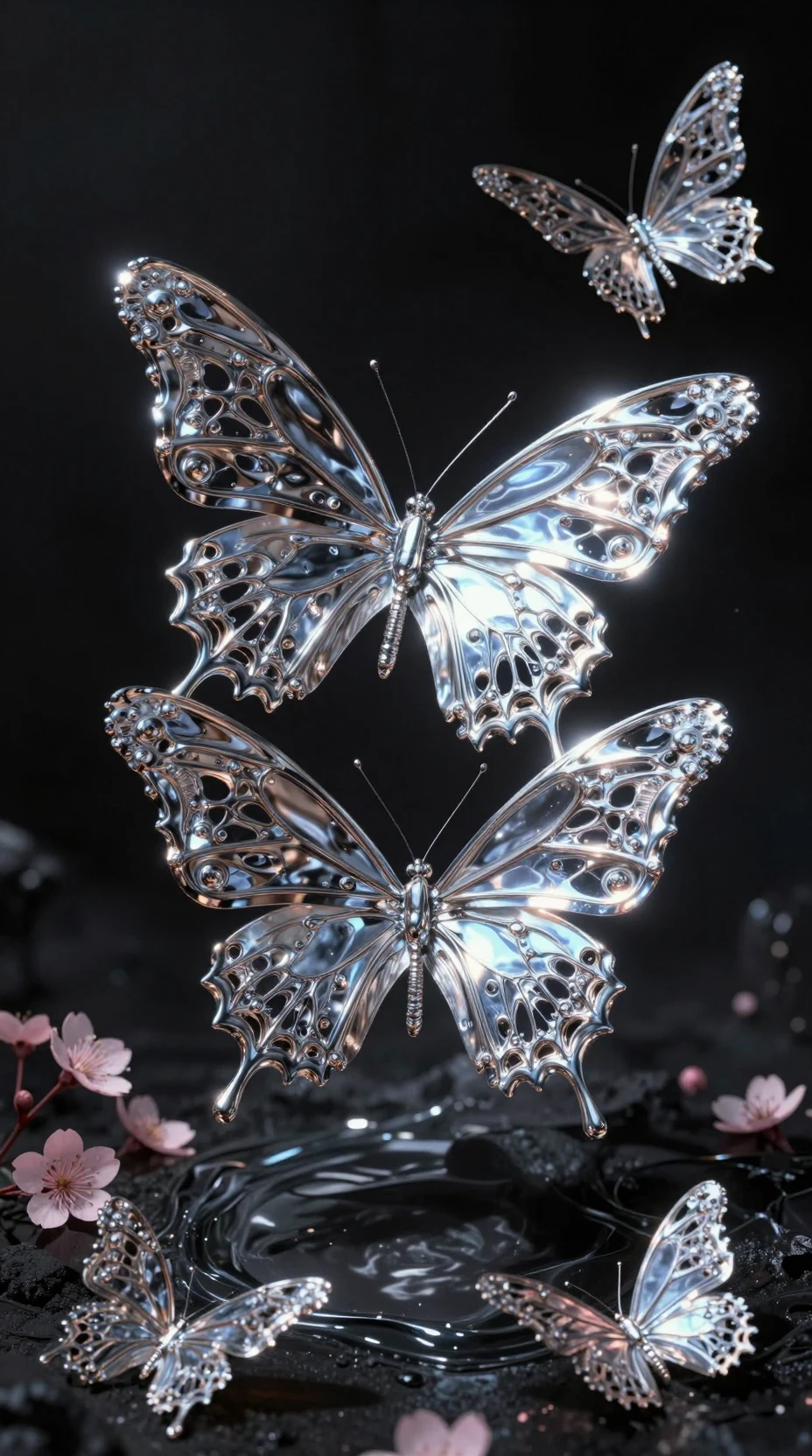 Chrome butterflies hover above a reflective obsidian surface