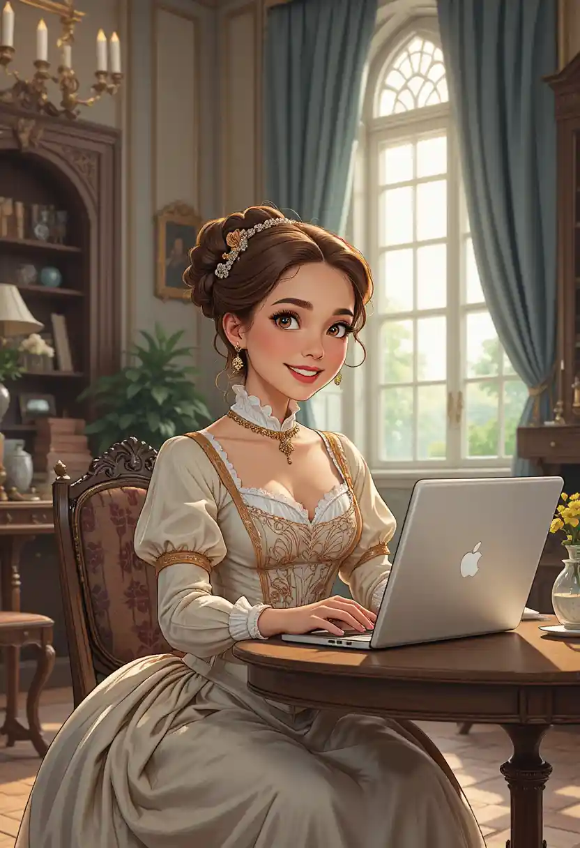 A woman in 18th-century dress works at a laptop in a parlor