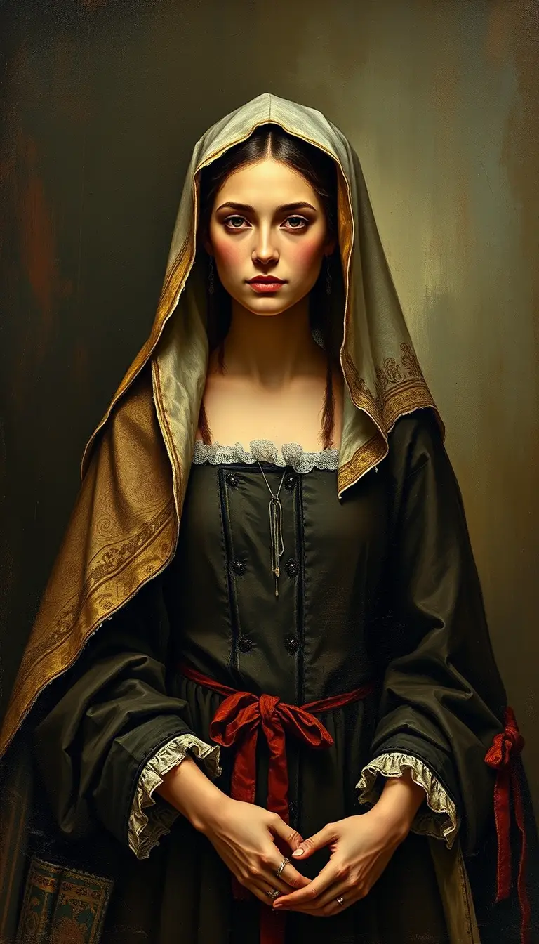 A serene fifth-century woman in layered historical robes