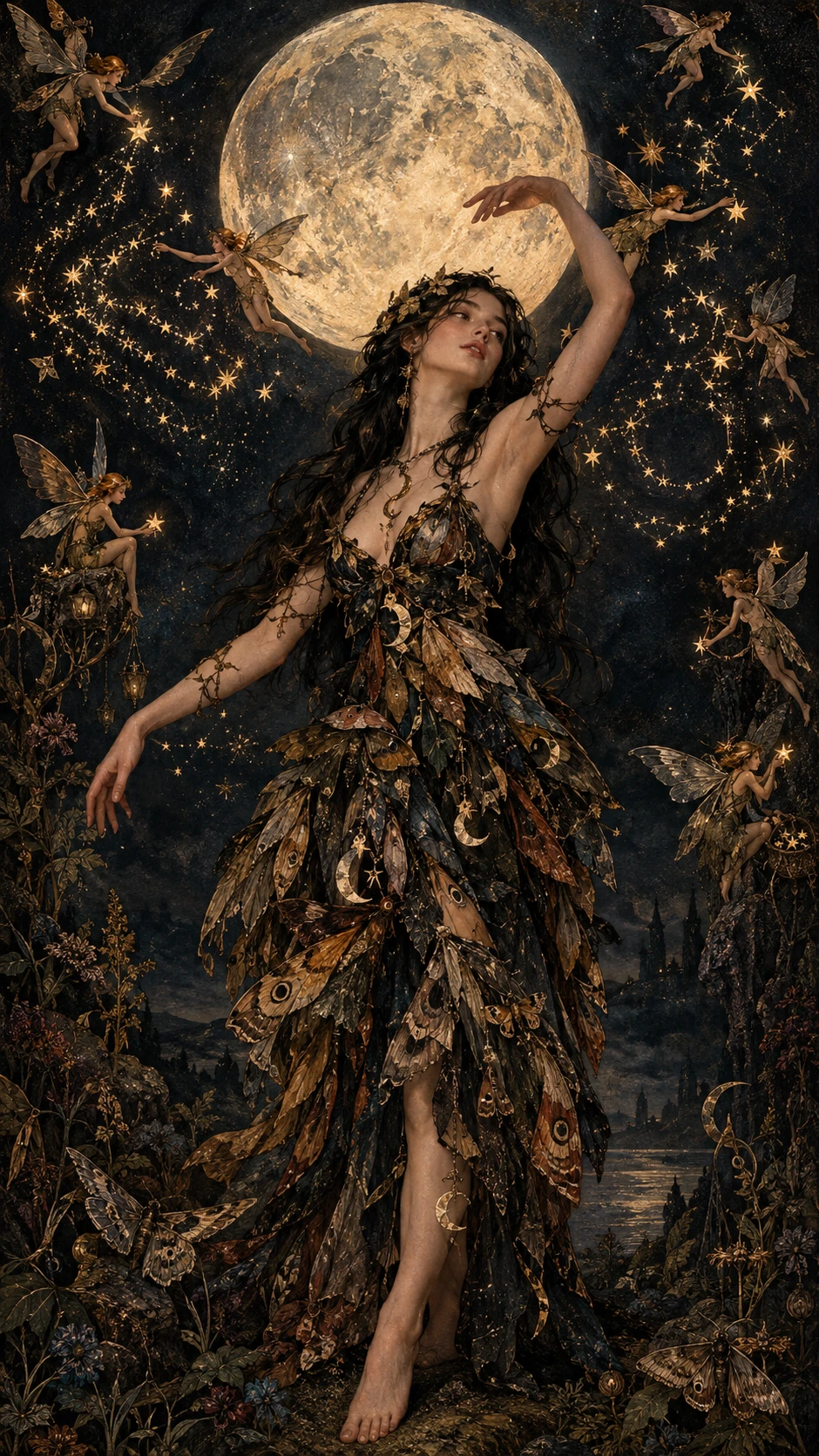 A young woman dances beneath an enormous moon as fae rearrange stars