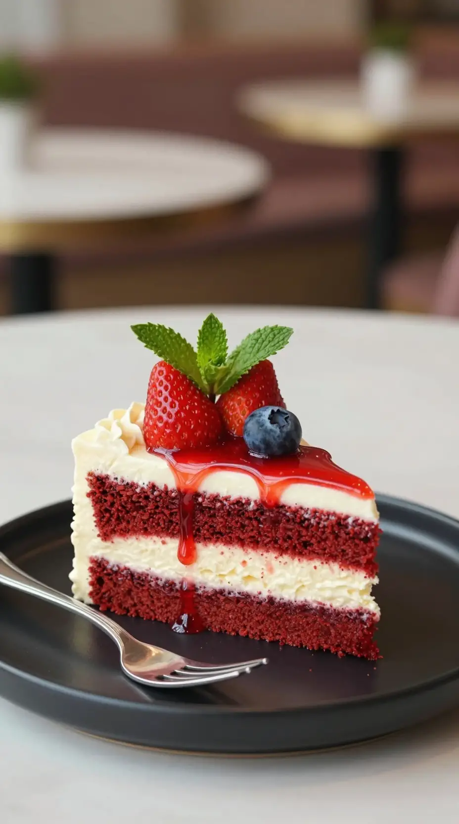 A red velvet mousse cake slice topped with strawberries and blueberries