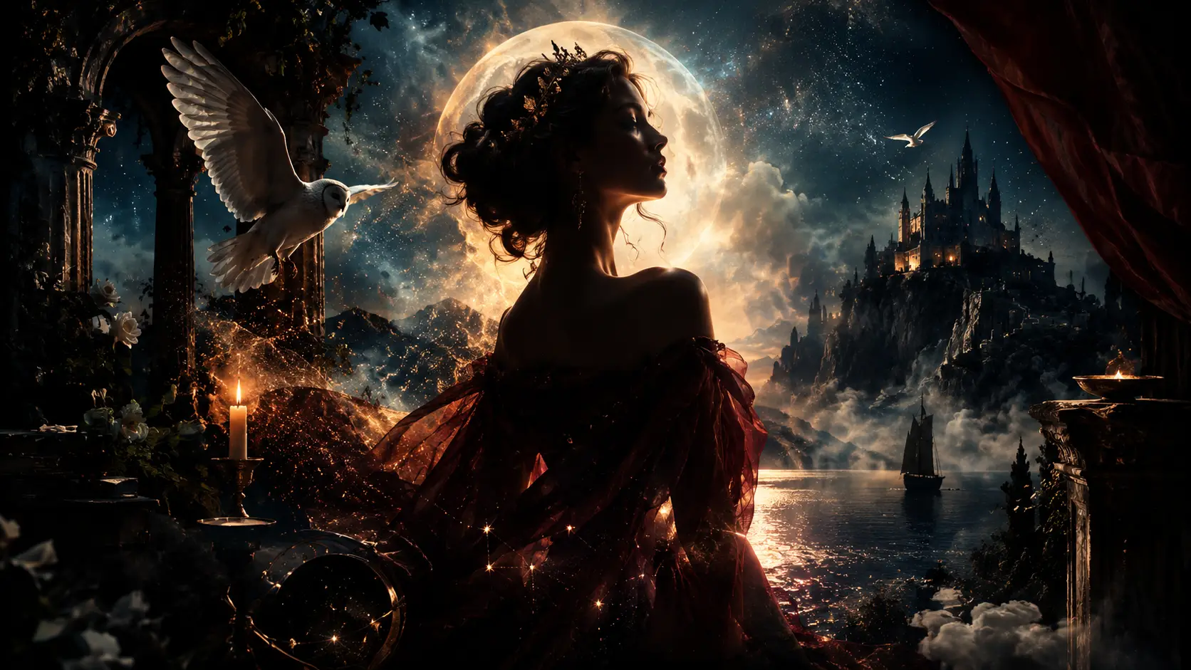 Shadowed figures emerge through luminous smoke in a surreal theatrical scene