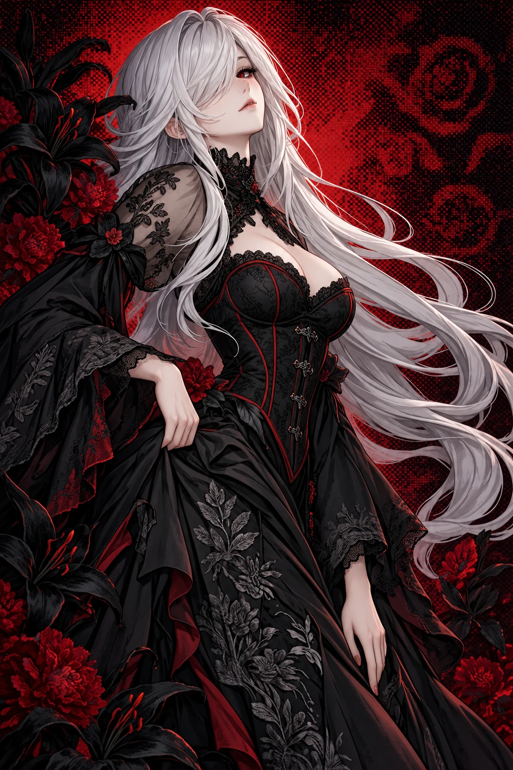 Gothic woman poses amid flowing silver hair and crimson flowers