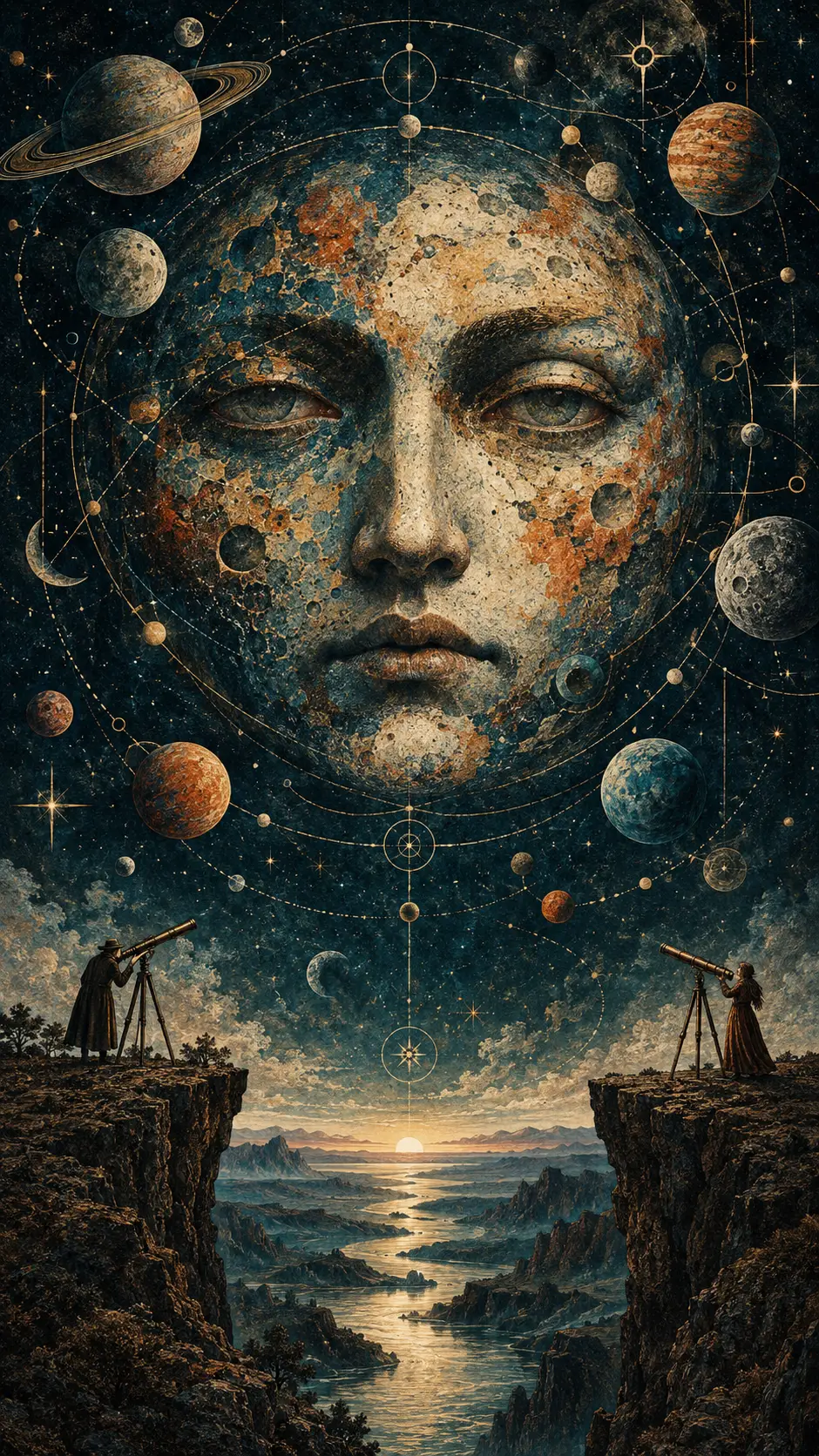 A Vast Celestial Face Suspended Amid Intricate Paths Across the Midnight Sky