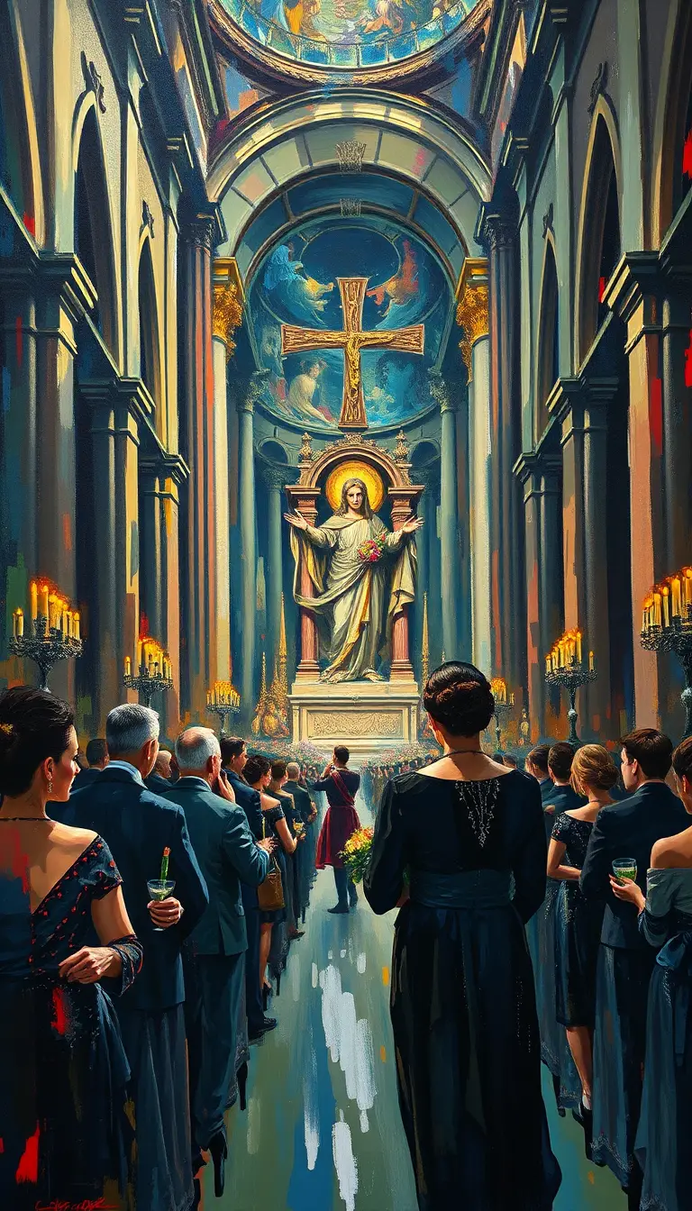 Elegant Figures Contemplate the Altar in a Grand Cathedral