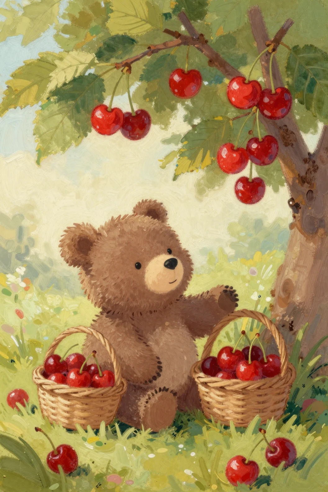 A Bear Cub Picks Cherries Beneath a Tree in Soft Light