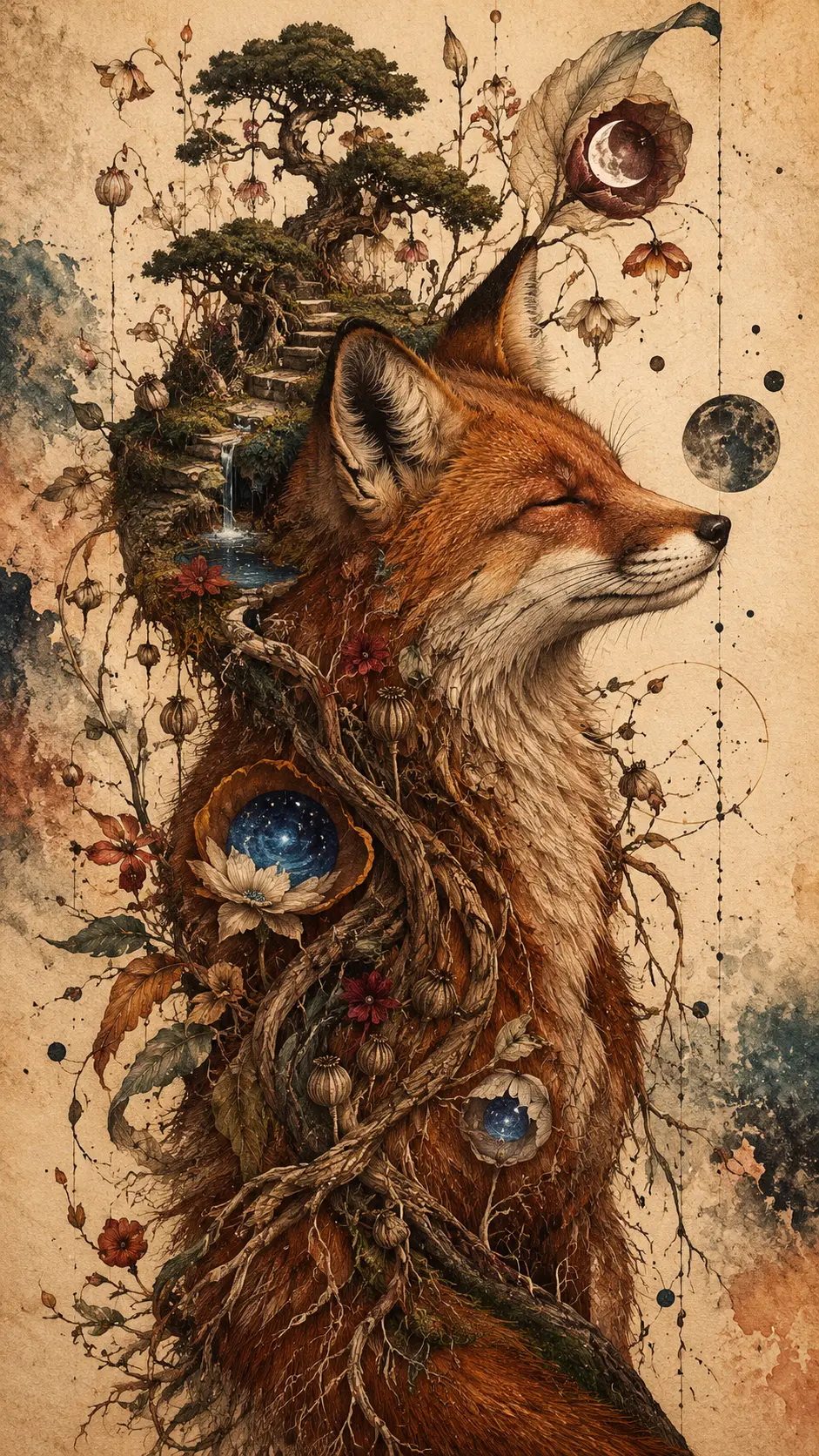 A red fox transforming into a garden of branches and flowers