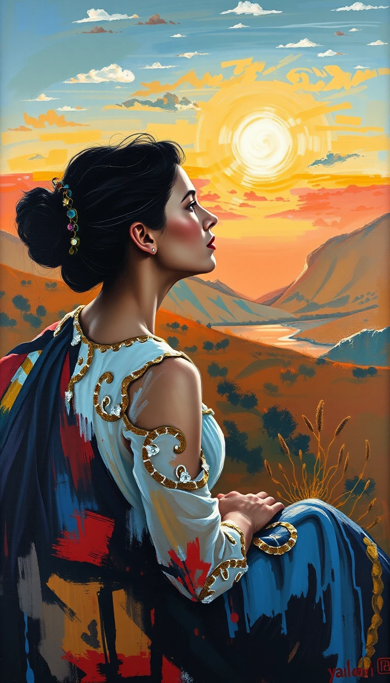 A woman on a hill at dawn facing a vast landscape