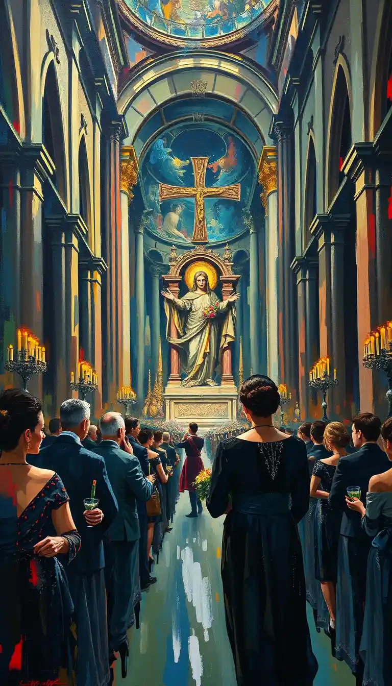 Elegant Figures Contemplate the Altar in a Grand Cathedral