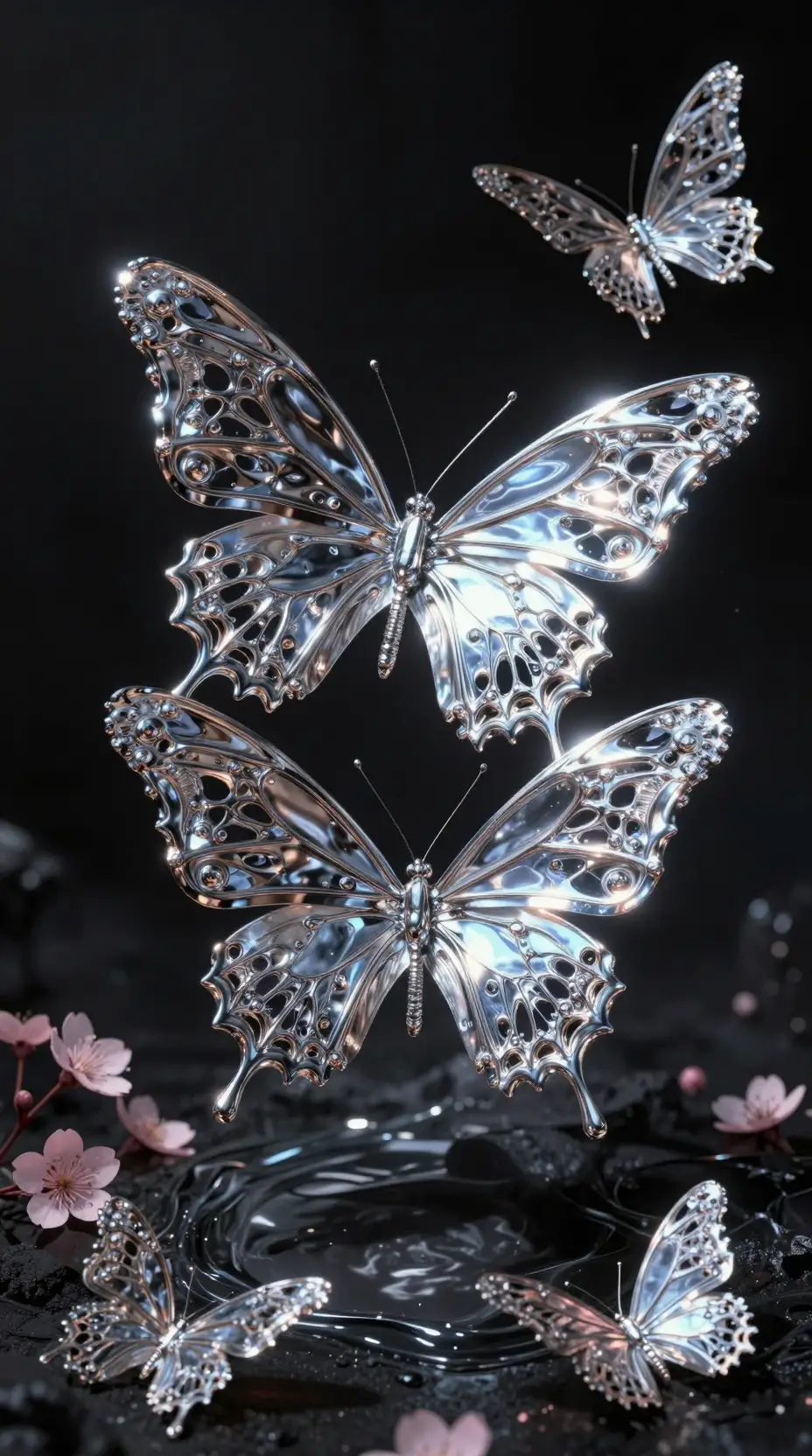 Chrome butterflies hover above a reflective obsidian surface