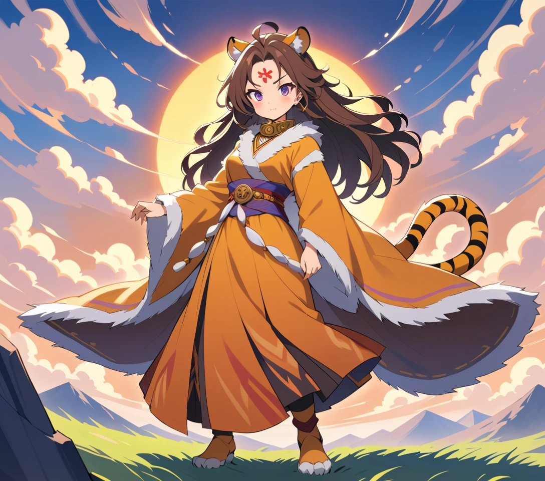 Anime tiger woman stands above endless steppes at golden sunrise