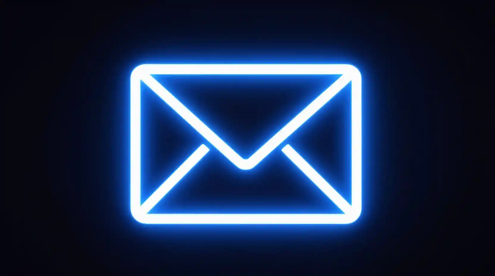 A glowing neon email icon against a pitch-black background