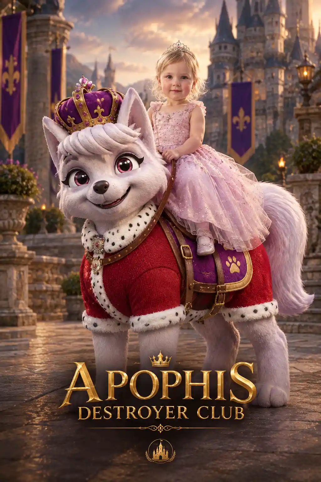 A toddler princess rides on a four-legged dog mascot's back