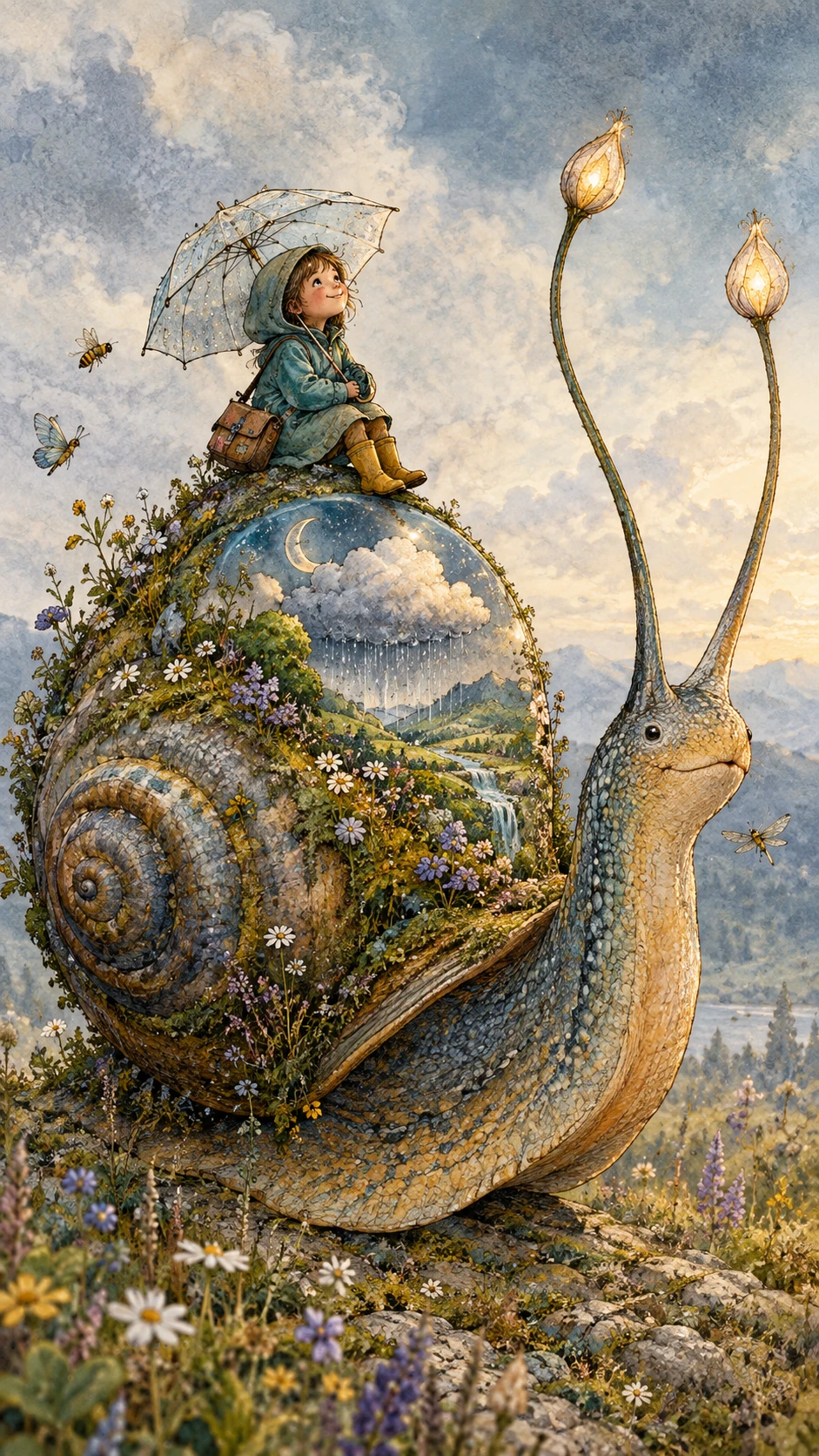 A giant snail carries a tiny dreamlike landscape within its shell