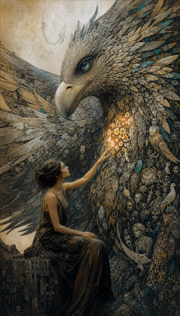 A young woman touches a symbolic feather beside an enormous bird