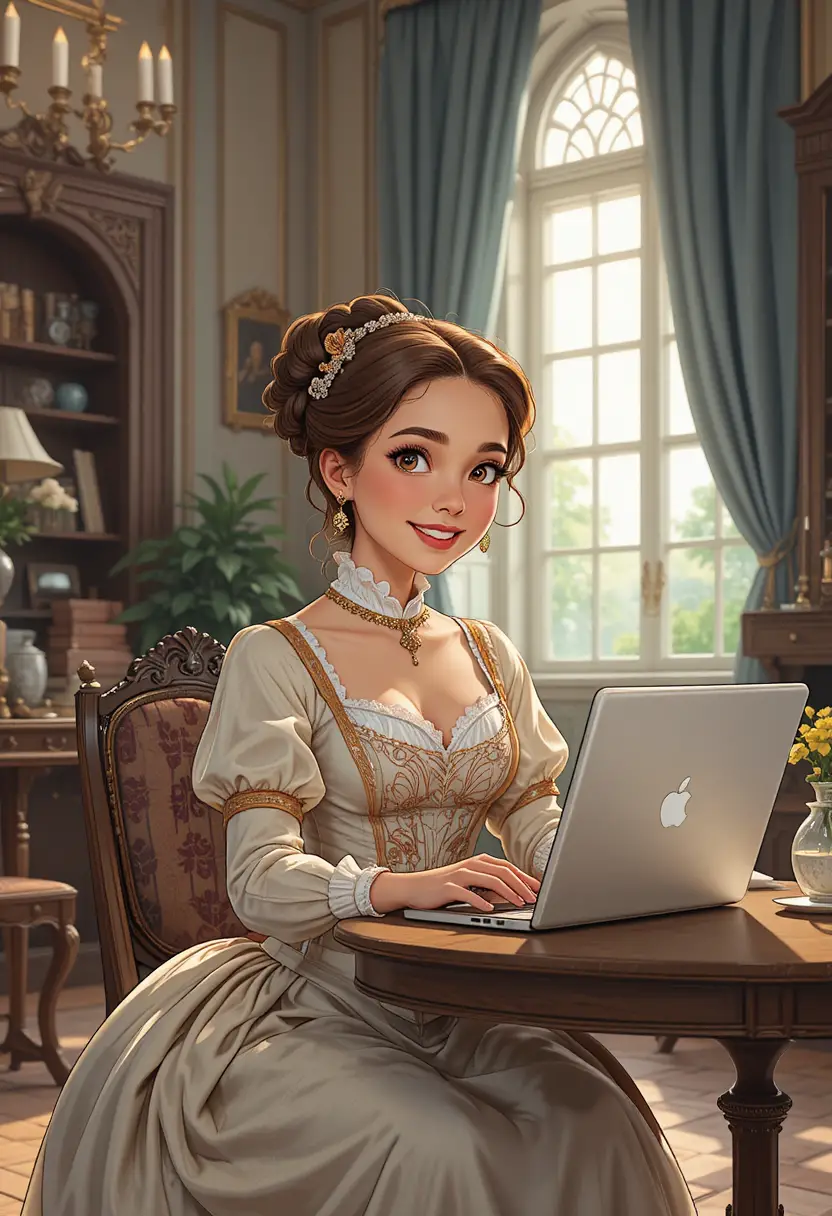 A woman in 18th-century dress works at a laptop in a parlor
