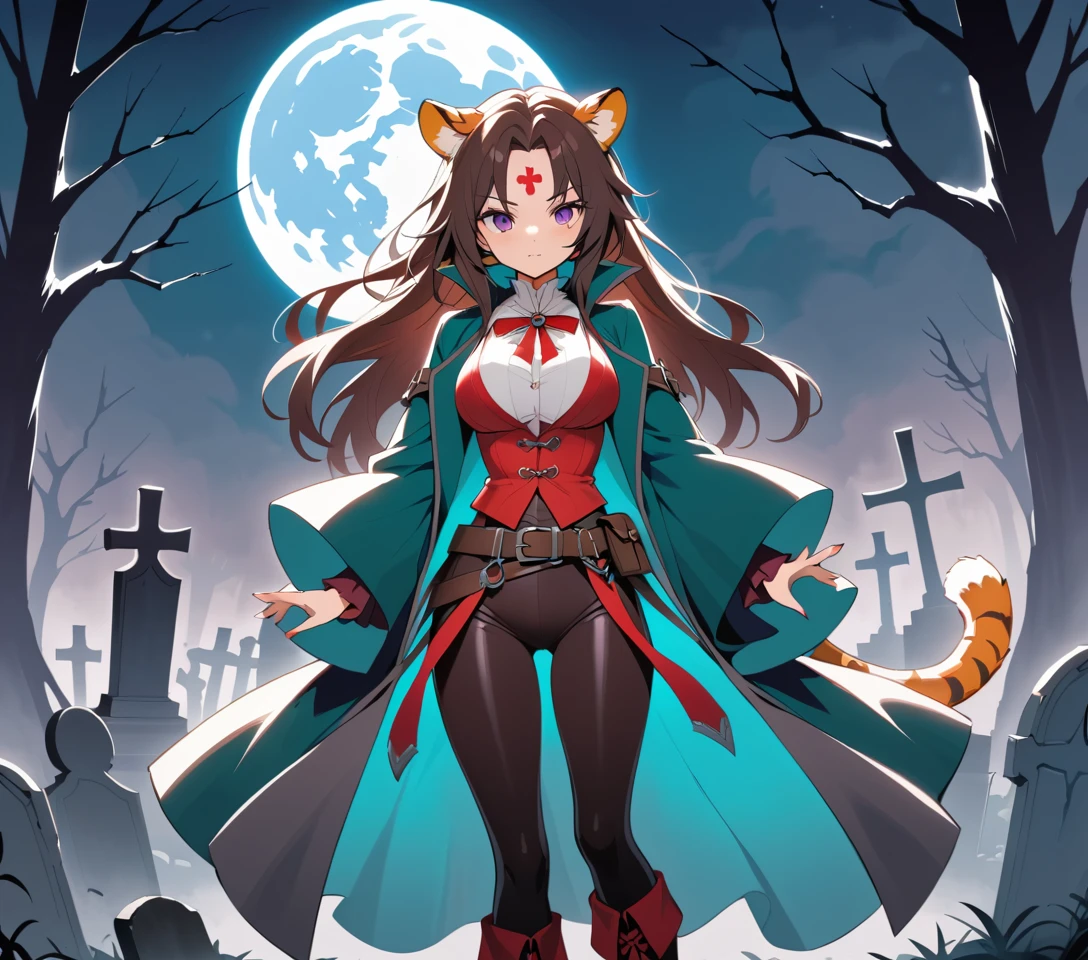 Anime tiger woman stands as a vampire hunter in a gothic graveyard