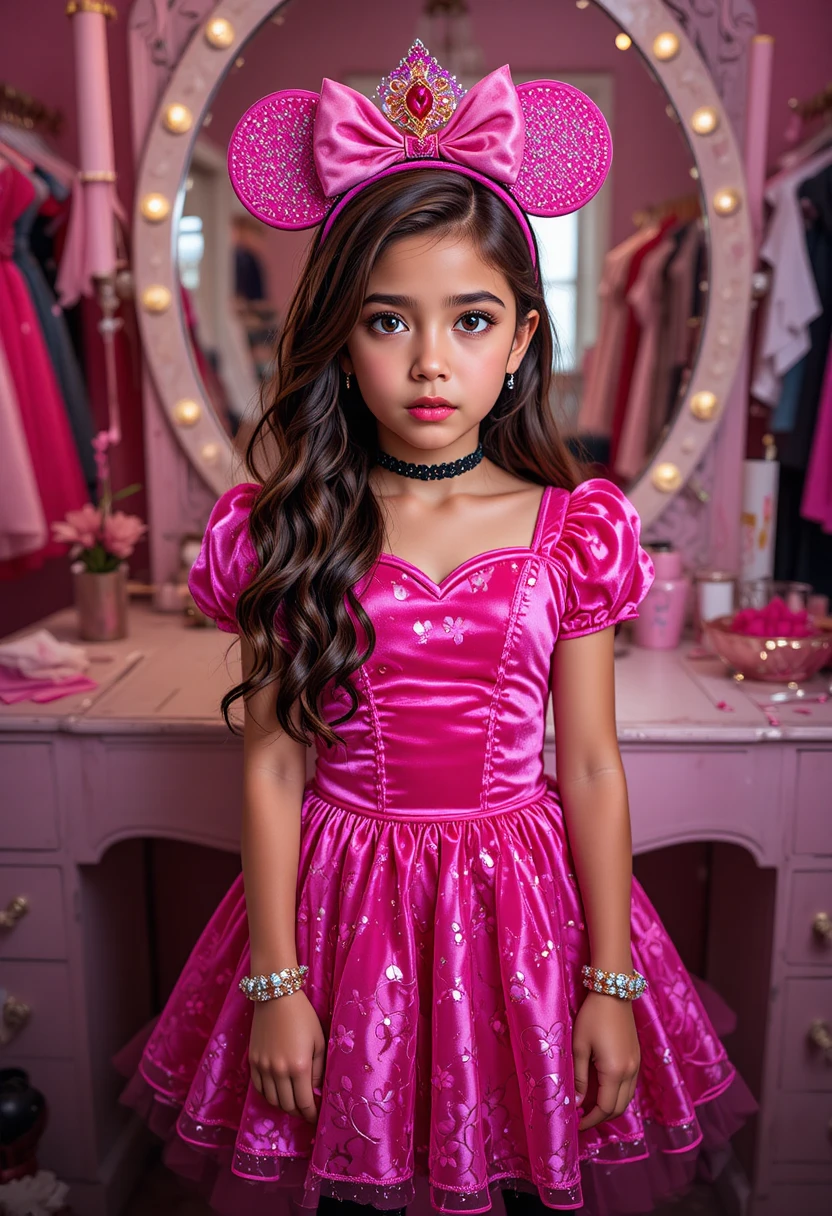 A tween boy pouts in a Minnie Mouse princess costume by a vanity