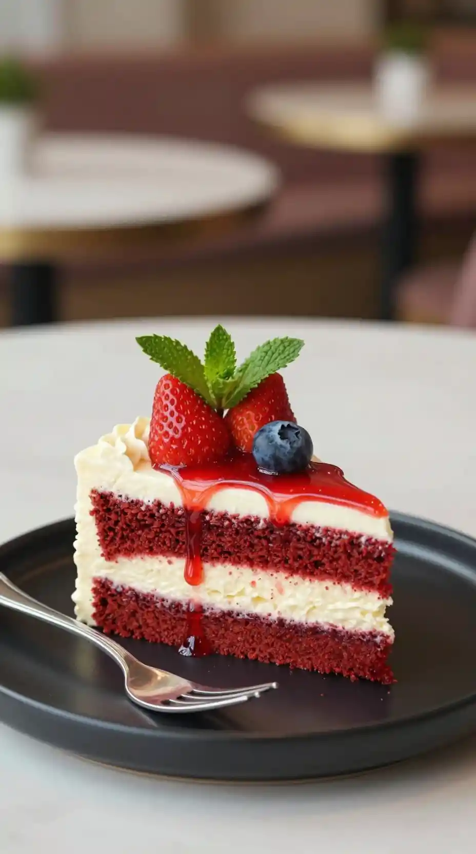 A red velvet mousse cake slice topped with strawberries and blueberries
