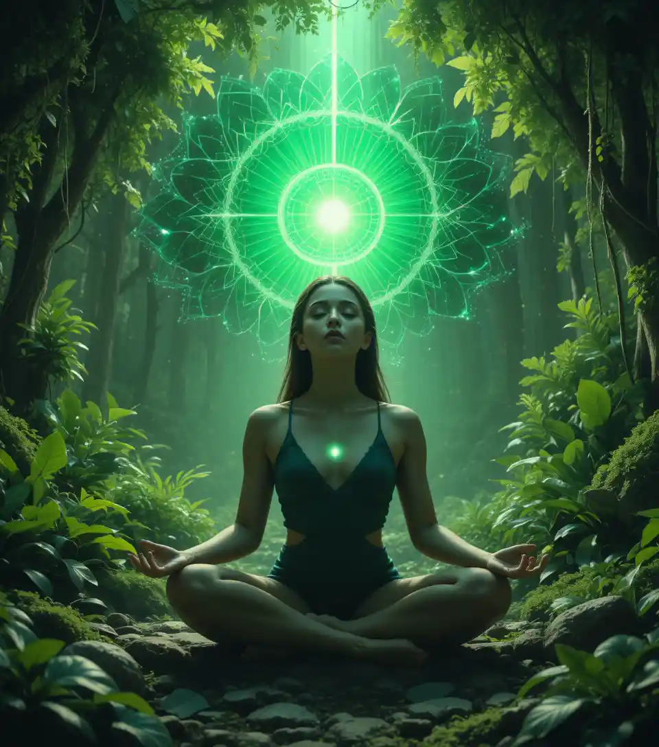 A yogi meditates amid lush greenery and radiant emerald visions