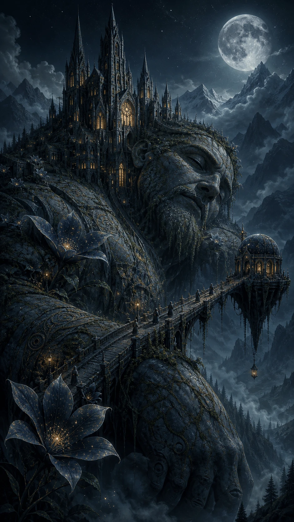 A Gothic Cathedral Rests Within the Sleeping Form of an Ancient Stone Giant