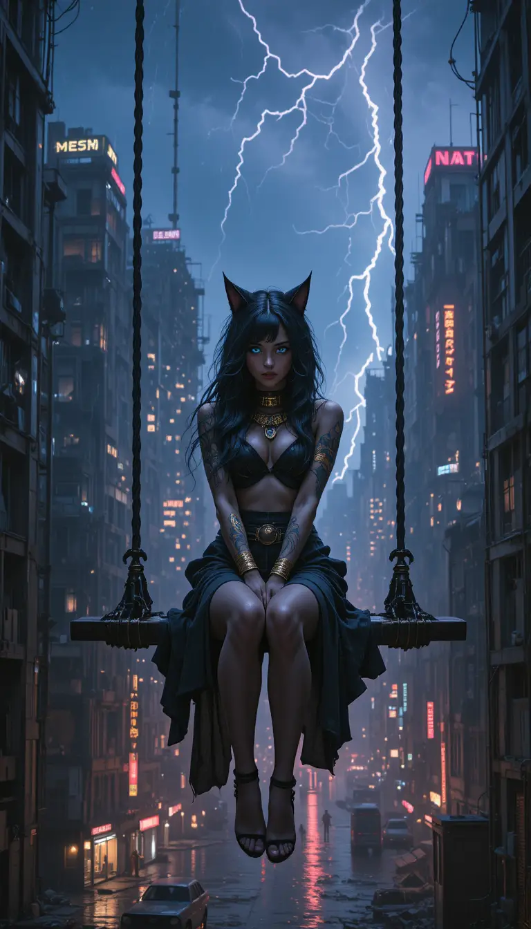 A Cat-Eared Girl Sits on a Swing Between Ruined Skyscrapers